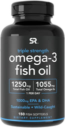 Sports Research Triple Strength Omega 3 Fish Oil - Burpless Fish Oil Supplement w/ EPA & DHA Fatty Acids from Wild Caught Fish - 1250 mg, 150 ct