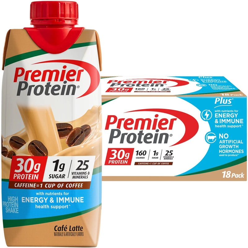 Instant Savings Premier 30g Protein PLUS Energy and Immune Support Shakes, Cafe Latte, 11 fl oz, 18-pack