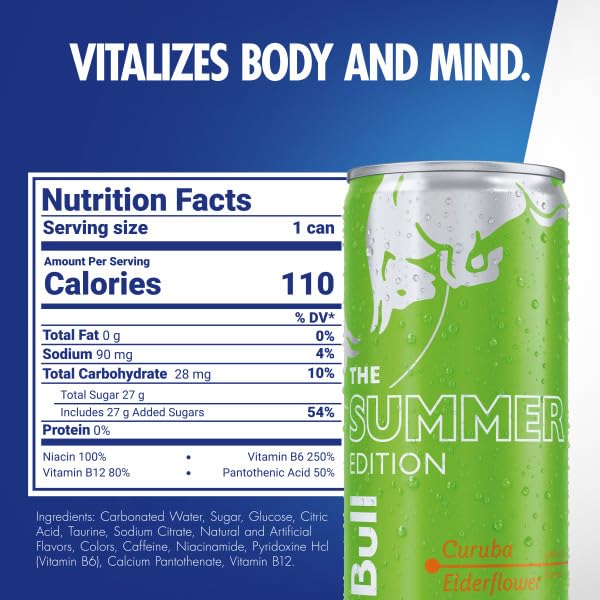 Red Bull Green Edition Energy Drink, Curuba Elderflower, 8.4 Fl Oz, Pack of 24 Cans
