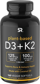 Sports Research Vitamin D3 K2 with 5000 iu of Plant-Based D3 & 100mcg of Vitamin K2 as MK-7, Non-GMO Verified & Vegan Certified - 160 Liquid Softgels
