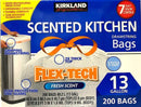 Kirkland Signature Flex-Tech 13-Gallon Scented Kitchen Trash Bags - 200 Count, White, Scent|