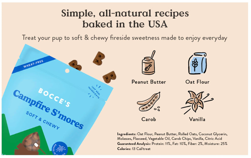 Bocce's Bakery Soft & Chewy Campfire S’Mores Dog Treats, 2 lbs | Wheat-Free, All Natural Ingredients ,USA-Baked Snacks for Dogs