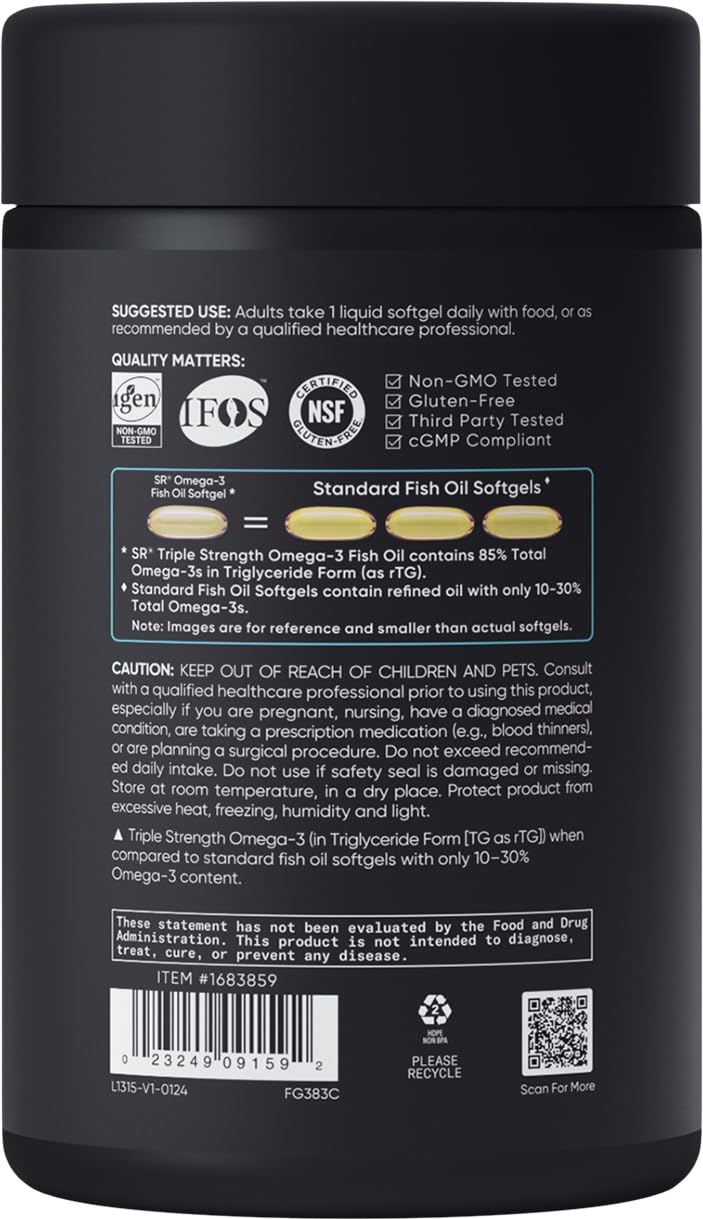Sports Research Triple Strength Omega 3 Fish Oil - Burpless Fish Oil Supplement w/EPA & DHA Fatty Acids from Wild Caught Fish - 1250 mg, 150 ct