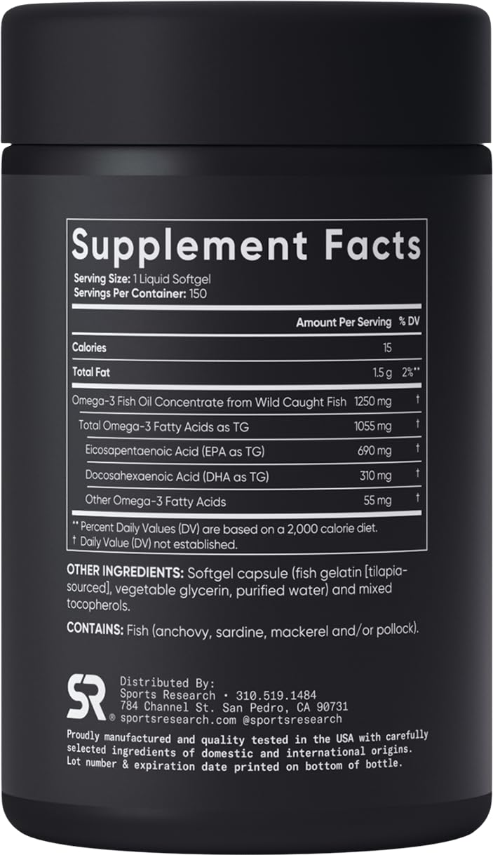 Sports Research Triple Strength Omega 3 Fish Oil - Burpless Fish Oil Supplement w/EPA & DHA Fatty Acids from Wild Caught Fish - 1250 mg, 150 ct