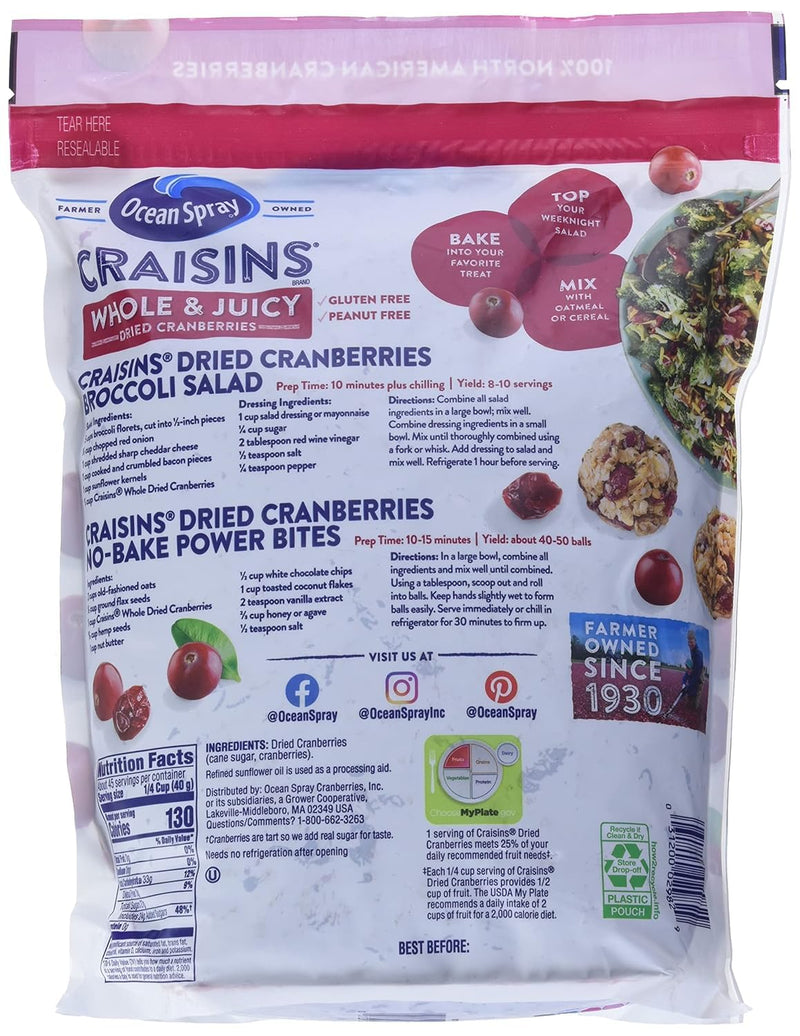 Ocean Spray Craisins, Whole Dried Cranberries, 64 oz