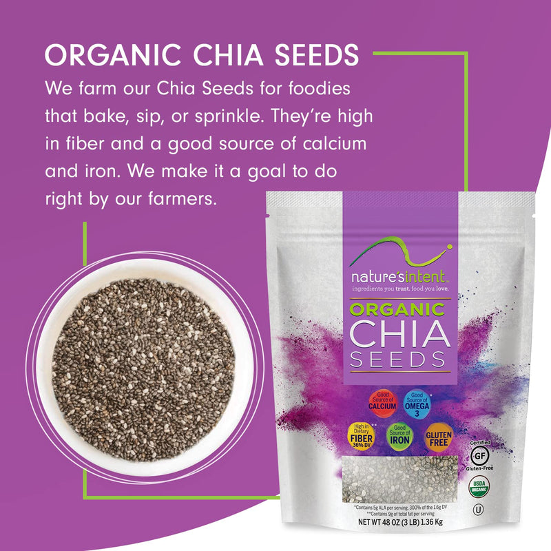 Nature's Intent Organic Chia Seeds - 3lb Bag - USDA Organic, Non-GMO, Vegan, Gluten-Free, Kosher, Keto & Paleo - Good Source of Calcium, Omega 3 and Iron