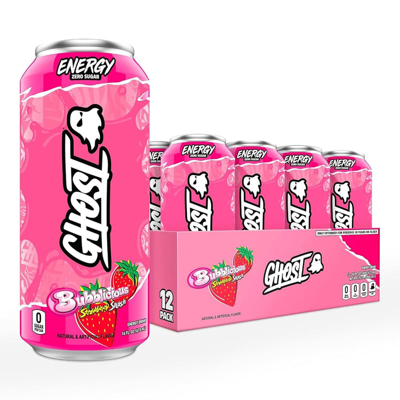 GHOST Energy Drink  Zero Sugar  Bubblicious Strawberry Splash  Limited Edition Flavor (12 Drinks, 16 Fl Oz. Each)
