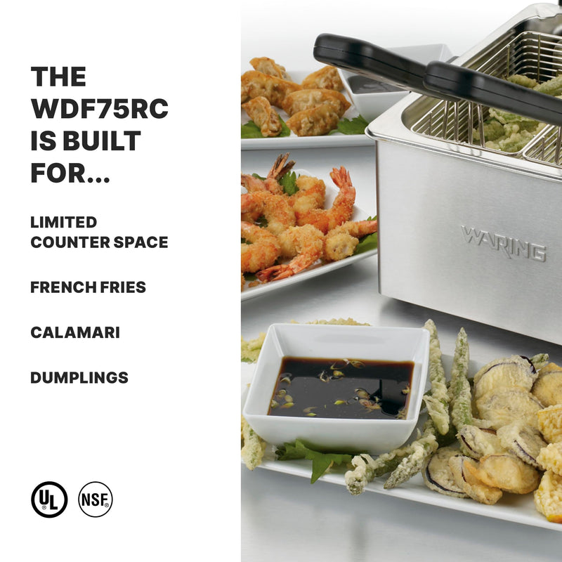 Waring Commercial WDF1000 Heavy Duty 10 lb. Single Basket Deep Fryer , Includes 3 Fry Baskets & Night-Cover-1800W, 120V, 5-15 Plug,Silver