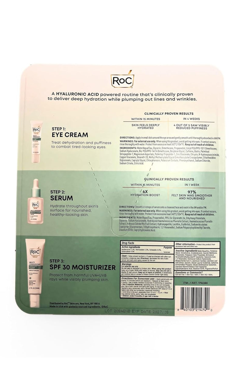 RoC Hyaluronic Acid Multi Correxion 3 Step Bundle: Eye Cream, 0.5 FL OZ + Serum, 1.0 FL Oz + Moisturizer, 1.7 FL OZ