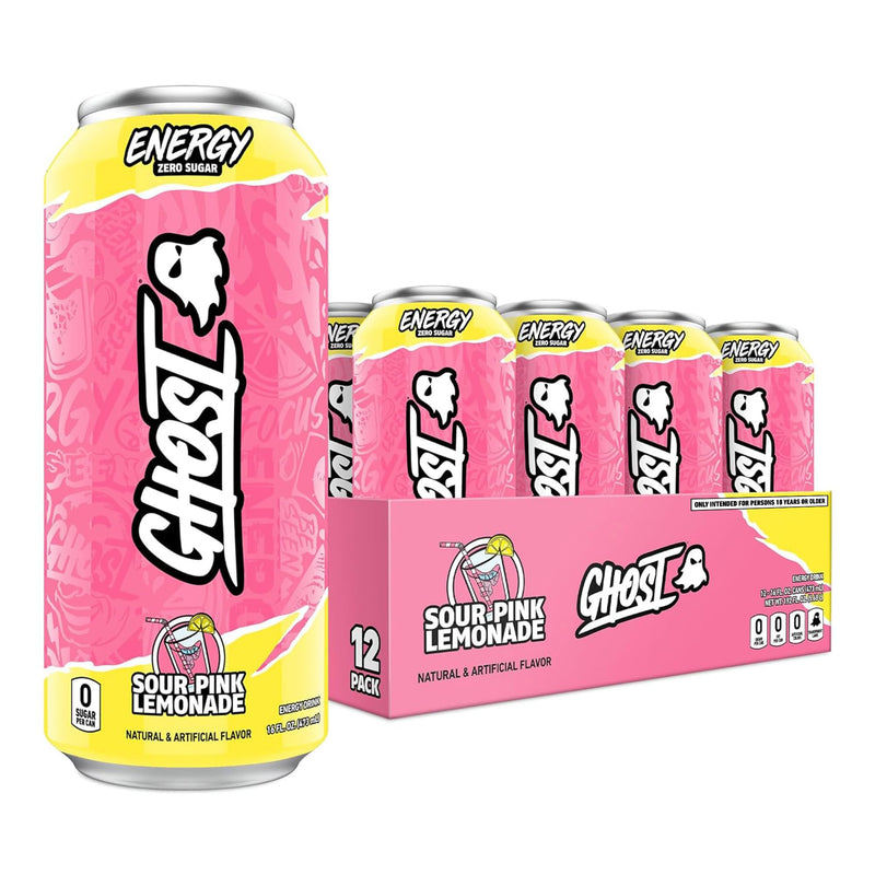 GHOST Energy Drink 12-Pack, Sour Pink Lemonade, 16oz Cans - 200mg of Natural Caffeine, L-Carnitine & Taurine
