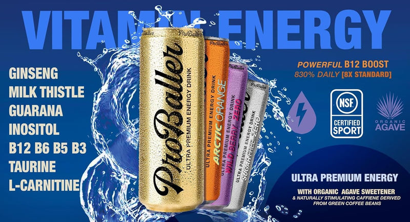 ProBaller Ultra Premium Energy Drink - Original Classic - Agave Nectar, Guarana, Essential B-Vitamins with B12 (Methylcobalamin) 12 fl oz (pack of 15)