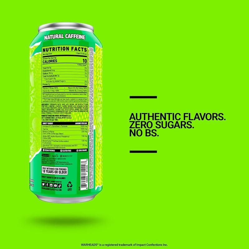 GHOST Energy Drink 12-Pack, Warheads Sour Green Apple, 16oz - 200mg of Natural Caffeine, L-Carnitine & Taurine