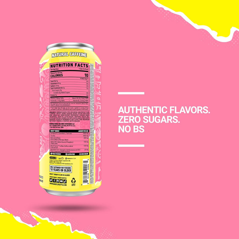 GHOST Energy Drink 12-Pack, Sour Pink Lemonade, 16oz Cans - 200mg of Natural Caffeine, L-Carnitine & Taurine