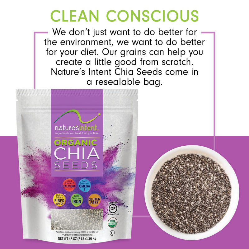 Nature's Intent Organic Chia Seeds - 3lb Bag - USDA Organic, Non-GMO, Vegan, Gluten-Free, Kosher, Keto & Paleo - Good Source of Calcium, Omega 3 and Iron