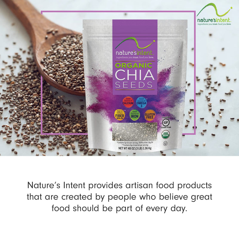 Nature's Intent Organic Chia Seeds - 3lb Bag - USDA Organic, Non-GMO, Vegan, Gluten-Free, Kosher, Keto & Paleo - Good Source of Calcium, Omega 3 and Iron