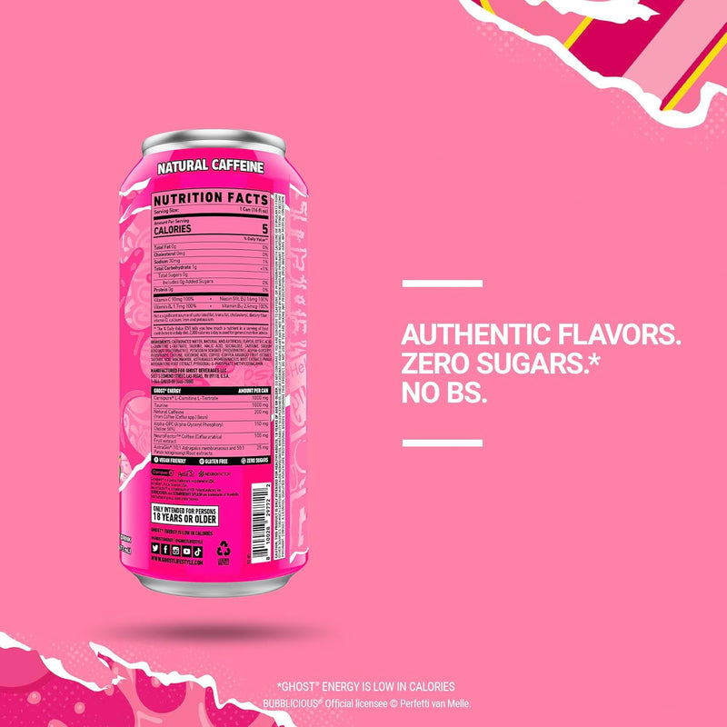 GHOST Energy Drink  Zero Sugar  Bubblicious Strawberry Splash  Limited Edition Flavor (12 Drinks, 16 Fl Oz. Each)