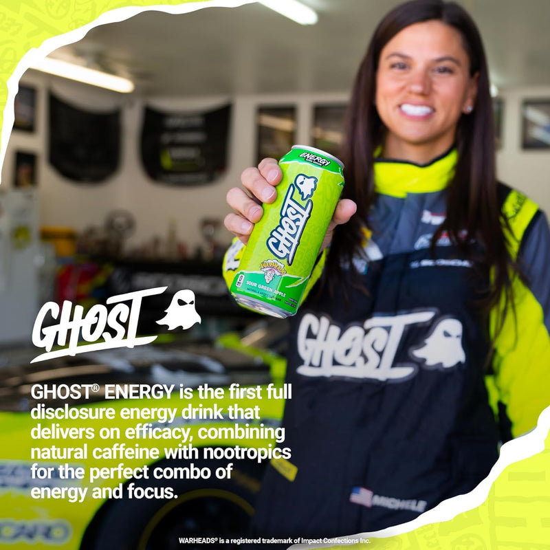 GHOST Energy Drink 12-Pack, Warheads Sour Green Apple, 16oz - 200mg of Natural Caffeine, L-Carnitine & Taurine
