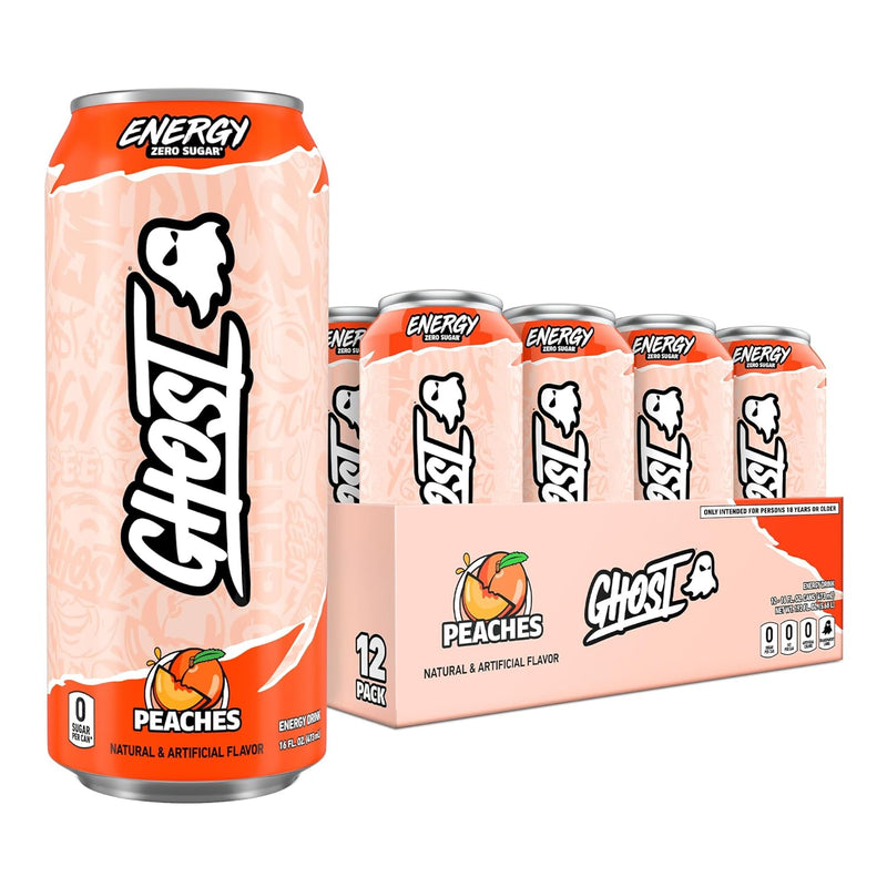 GHOST Energy Drink 12-Pack, Peaches 16oz Energy & Focus & No Artificial Colors