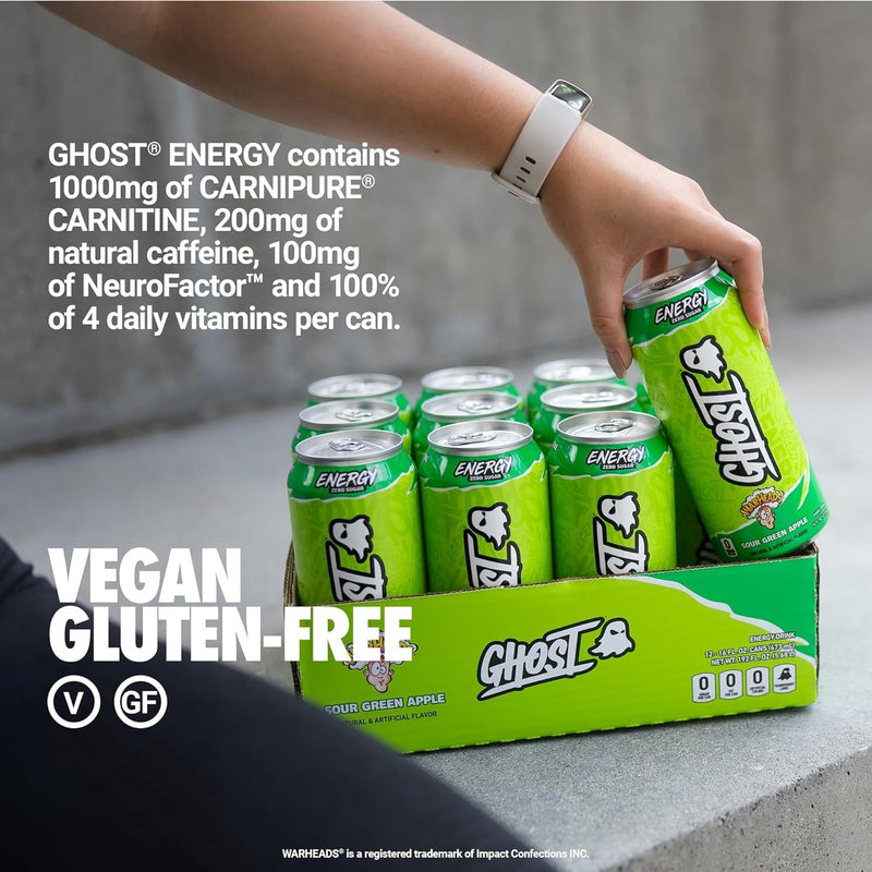 GHOST Energy Drink 12-Pack, Warheads Sour Green Apple, 16oz - 200mg of Natural Caffeine, L-Carnitine & Taurine