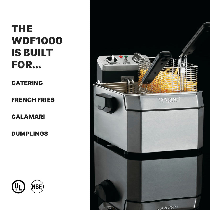 Waring Commercial WDF1000 Heavy Duty 10 lb. Single Basket Deep Fryer , Includes 3 Fry Baskets & Night-Cover-1800W, 120V, 5-15 Plug,Silver
