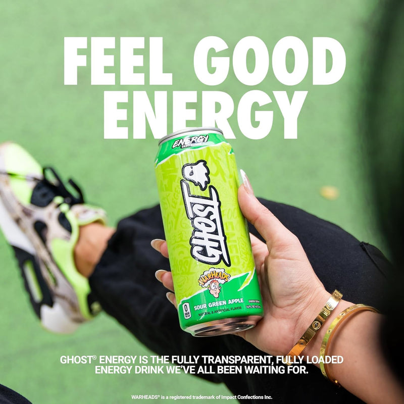 GHOST Energy Drink 12-Pack, Warheads Sour Green Apple, 16oz - 200mg of Natural Caffeine, L-Carnitine & Taurine