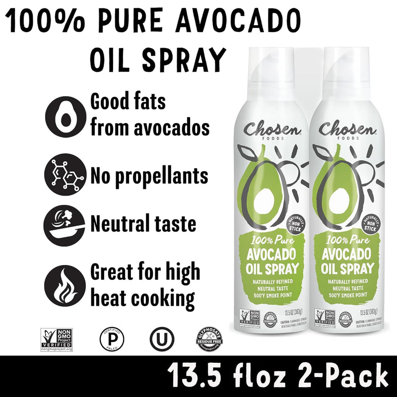 Chosen Foods Avocado Oil Spray – Non-GMO, Kosher, Keto and Paleo Diet Friendly, for High-Heat Cooking, Frying, Baking, 13.5 oz (Pack of 2)