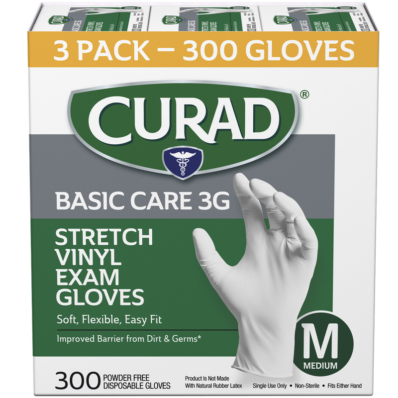Curad Basic Care 3G Vinyl Exam Gloves, Medium, 300 ct