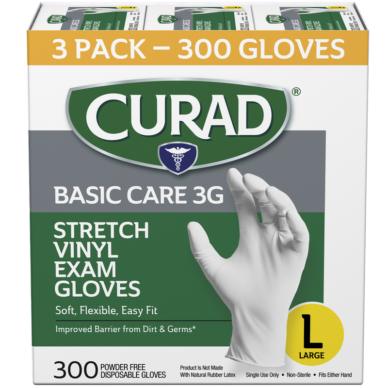 Curad Basic Care 3G Vinyl Exam Gloves, Large, 300 ct