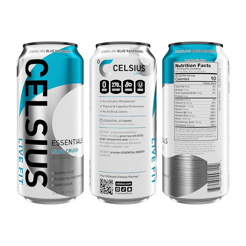 CELSIUS ESSENTIALS™ Sparkling Blue Crush, Sugar Free Performance Energy Drink, 16 Fl Oz (Pack of 12)