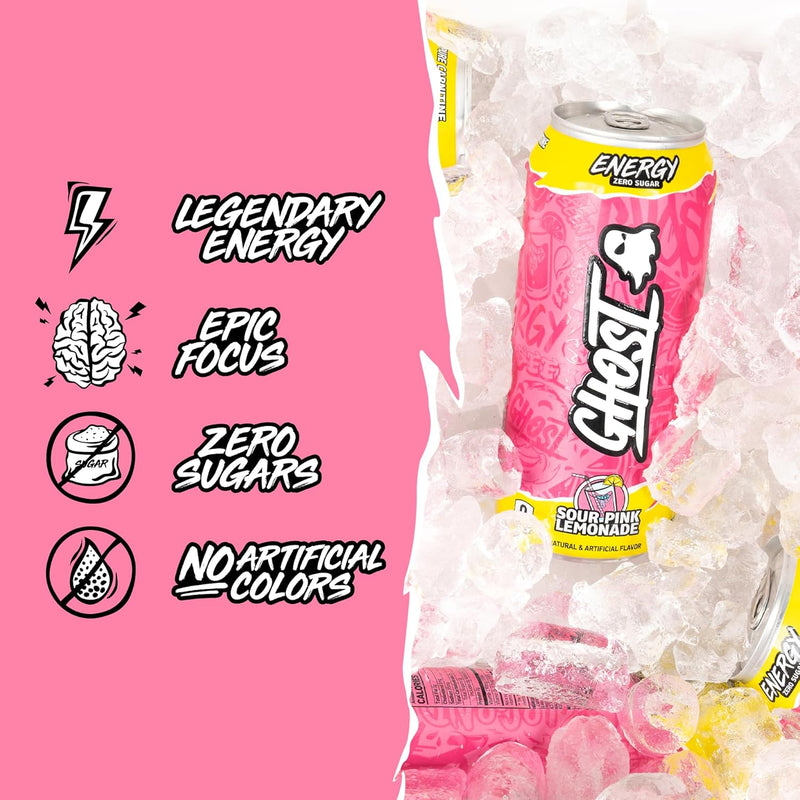 GHOST Energy Drink 12-Pack, Sour Pink Lemonade, 16oz Cans - 200mg of Natural Caffeine, L-Carnitine & Taurine