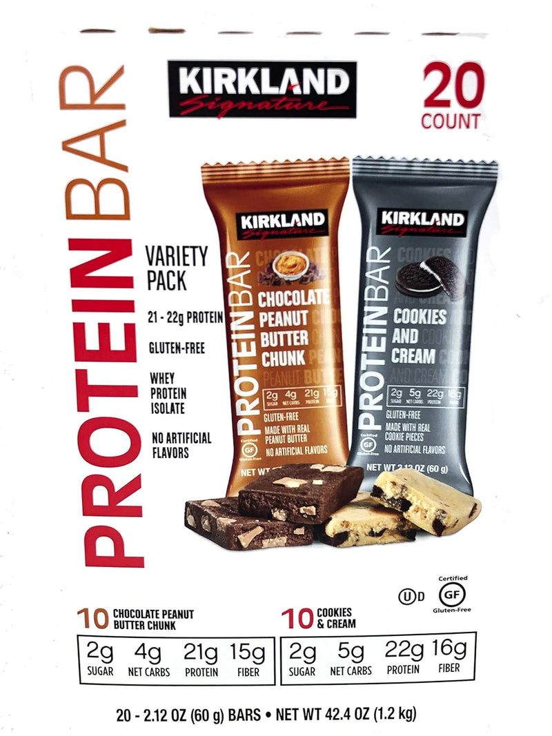 Kirkland Signature Protein Bar Variety Pack 20 Count Chocolate Peanut Butter Chunk & Cookies and Cream Gluten Free 21-22g of Protein 2g Sugar