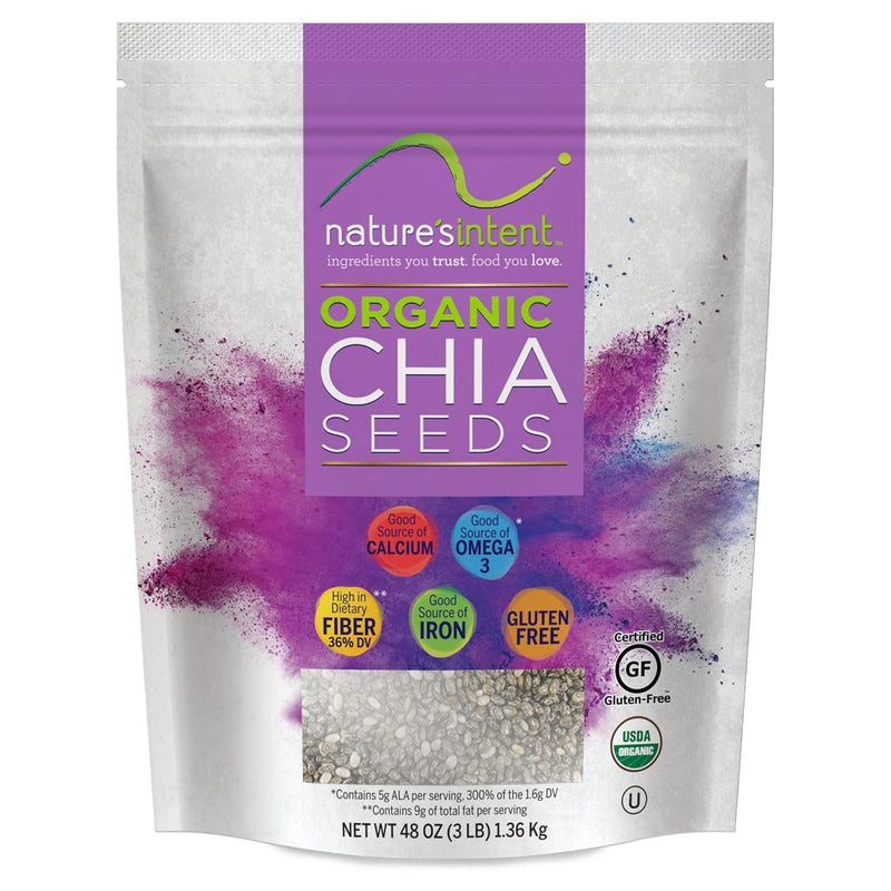 Nature's Intent Organic Chia Seeds - 3lb Bag - USDA Organic, Non-GMO, Vegan, Gluten-Free, Kosher, Keto & Paleo - Good Source of Calcium, Omega 3 and Iron