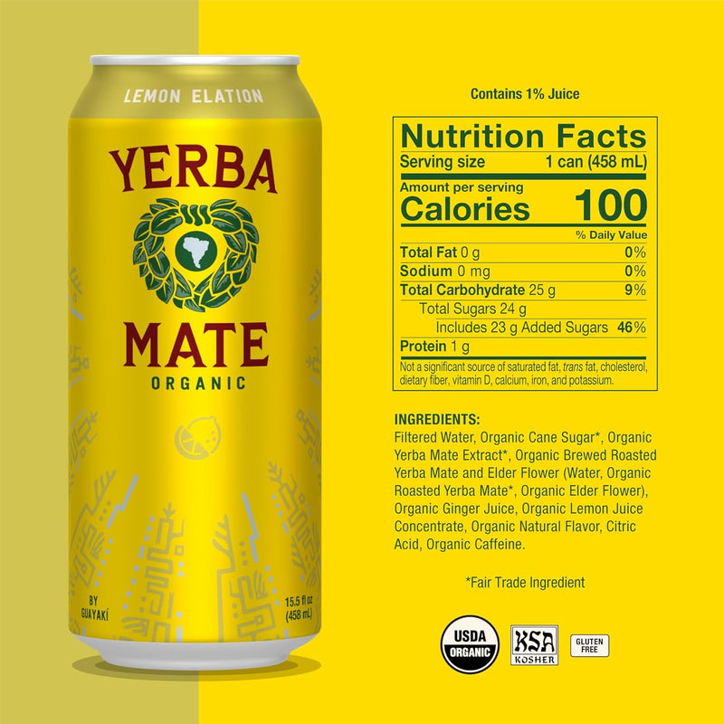 Guayakí Yerba Mate, Organic Energy Drink , Lemon Elation, 150mg Natural Plant Based Caffeine, 15.5 Oz (Pack of 12)