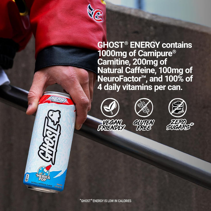 GHOST Energy Drink 12-Pack, 'Merica Pop, 16oz -  200mg of Natural Caffeine, L-Carnitine & Taurine