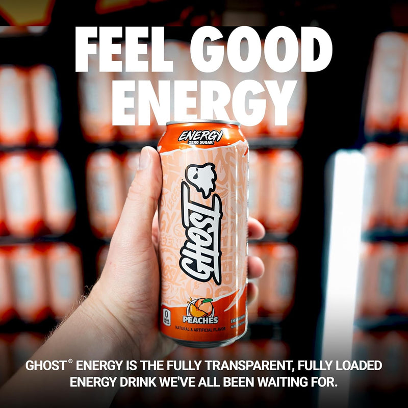 GHOST Energy Drink 12-Pack, Peaches 16oz Energy & Focus & No Artificial Colors