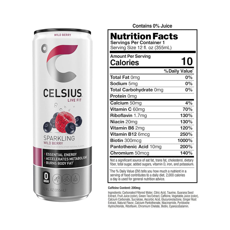 CELSIUS Sparkling Wild Berry, Functional Essential Energy Drink, 12 Fl Oz (Pack of 24)