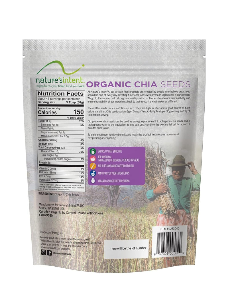 Nature's Intent Organic Chia Seeds - 3lb Bag - USDA Organic, Non-GMO, Vegan, Gluten-Free, Kosher, Keto & Paleo - Good Source of Calcium, Omega 3 and Iron