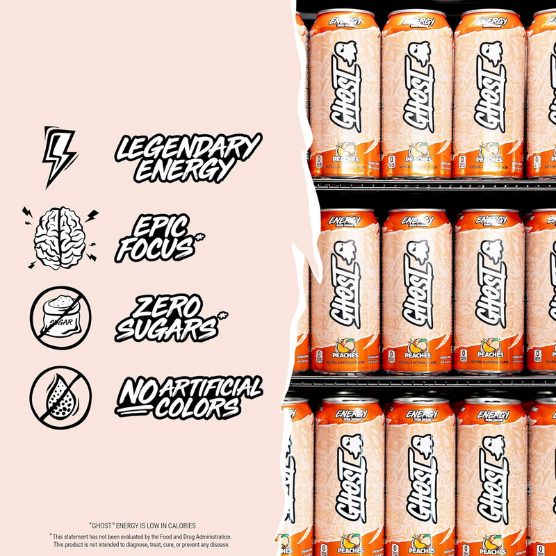 GHOST Energy Drink 12-Pack, Peaches 16oz Energy & Focus & No Artificial Colors