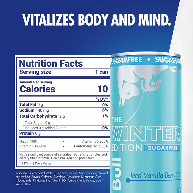 Red Bull Winter Edition Sugar Free Energy Drink, Iced Vanilla Berry, 8.4 fl.oz. can, Case of 24 cans, 80mg Caffeine, Taurine & B Vitamins