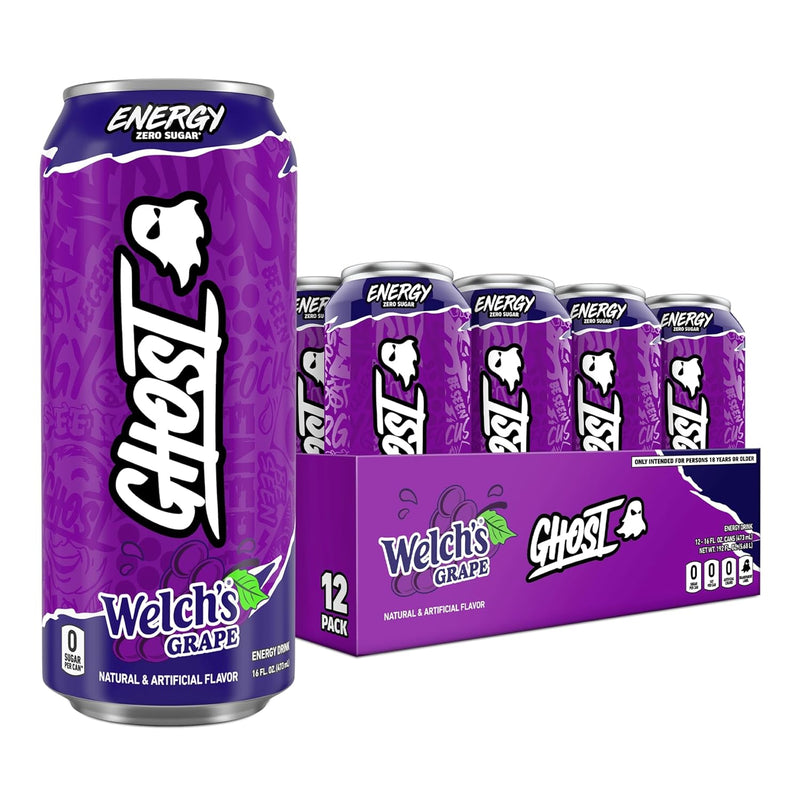 GHOST Energy Drink - 12-Pack, Welch's Grape 16oz Cans Energy & Focus & No Artificial Colors - 200mg of Natural Caffeine
