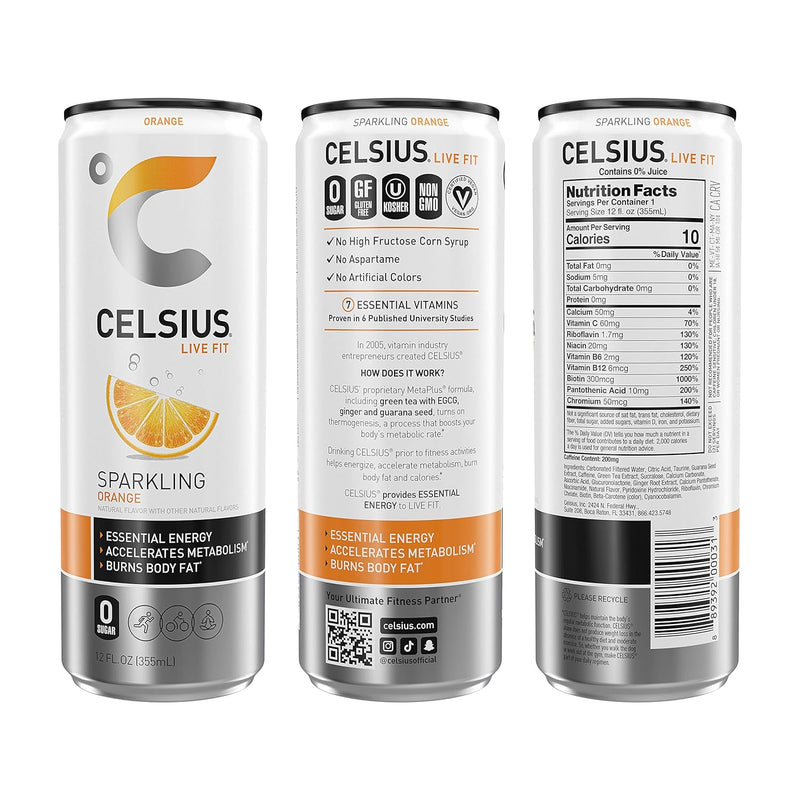 CELSIUS Sparkling Orange, Functional Essential Energy Drink, 12 Fl Oz (Pack of 24)