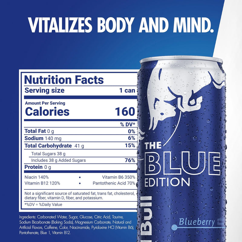 Red Bull Blue Edition Energy Drink, Blueberry, with 114mg ,12 Fl Oz, Pack of 24 Cans