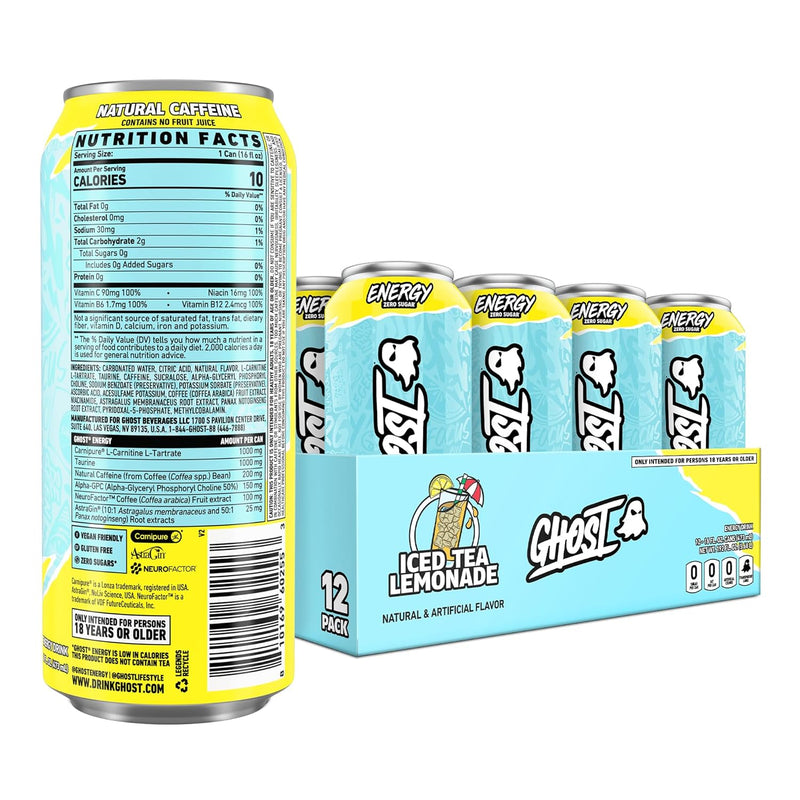 GHOST Energy Drink 12 Pack Iced Tea Lemonade, 16oz, 200mg of Natural Caffeine