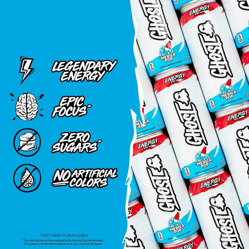 GHOST Energy Drink 12-Pack, 'Merica Pop, 16oz -  200mg of Natural Caffeine, L-Carnitine & Taurine