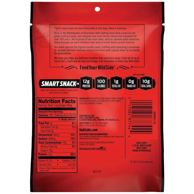 Jack Link's Meat Snacks Beef Jerky, Sweet and Hot, 1.25 Ounce (Pack of 10)
