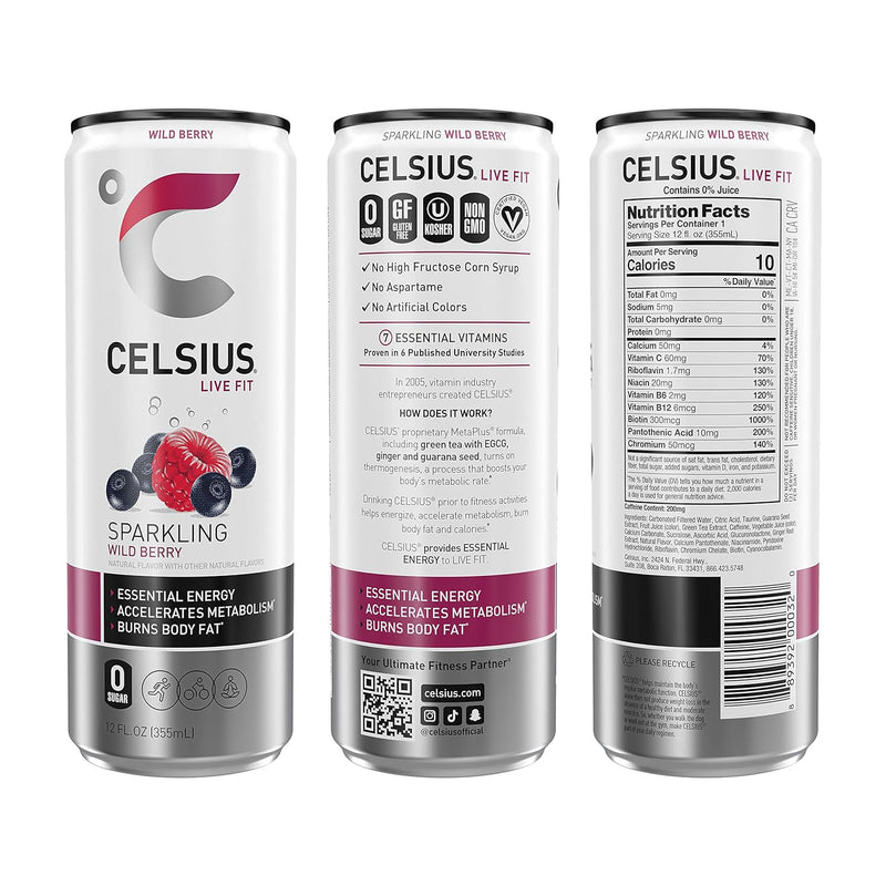 CELSIUS Sparkling Wild Berry, Functional Essential Energy Drink, 12 Fl Oz (Pack of 24)