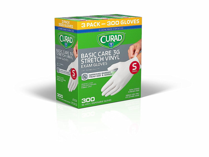 Curad Basic Care 3G Stretch Vinyl Exam Gloves, Powder Free, Small, 100 Count (Pack of 3)