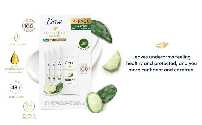 Dove Advanced Care Invisible+ Antiperspirant Deodorant Stick, Cucumber and Cactus Water, 2.6 oz, 4 ct