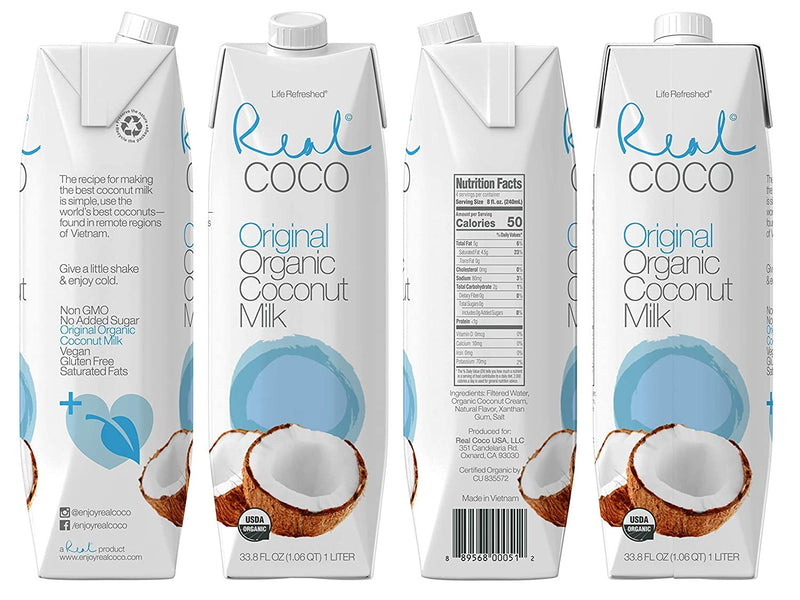 Real Coco Organic Original Coconut Milk Beverage (6-Pack 1L), USDA Organic, No-Added Sugar, Plant Based, Dairy & Soy Free, Vegan, Keto and Paleo Friendly