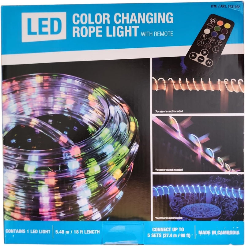 LED Color Changing 18ft 180 LEDs 8 Color Settings Rope Light w/Remote1